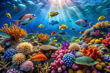 Obraz premium Vibrant Coral Reef Underwater Scene with Colorful Fish - Stunning Marine Life in the Ocean's Depths Captured in Rule of Thirds for Perfect Underwater Wallpaper Background