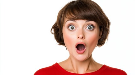 Woman with a surprised expression on her face. She is wearing a red shirt. Concept of surprise and excitement