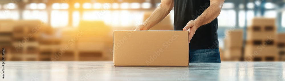 Poster a worker handling a cardboard box in a warehouse setting, illuminated by warm sunlight filtering thr