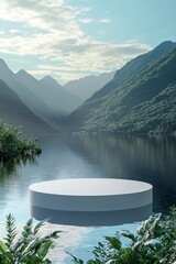 A white circular podium floats on the lake, with a blue sky and green mountains in the background. The water surface reflects the sunlight. .generative ai