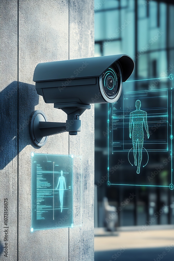 Poster Advanced Surveillance Camera with Futuristic Digital Interface and Human Monitoring in Cityscape : Generative AI