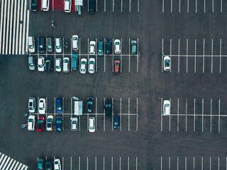 Aerial drone view of different cars at car park, parking lot by store in Finland.