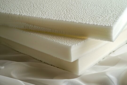 Three memory foam mattress toppers are stacked on top of each other, resting on white fabric