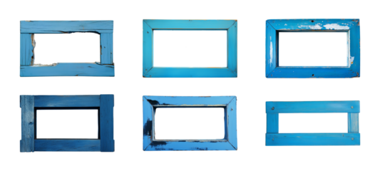 Blue wooden frame isolated on a transparent or white background, cut-out, PNG