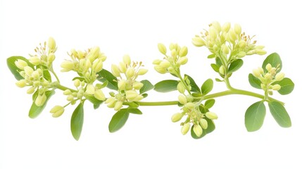 Vibrant yellow flowering branch with buds and green leaves on white background
