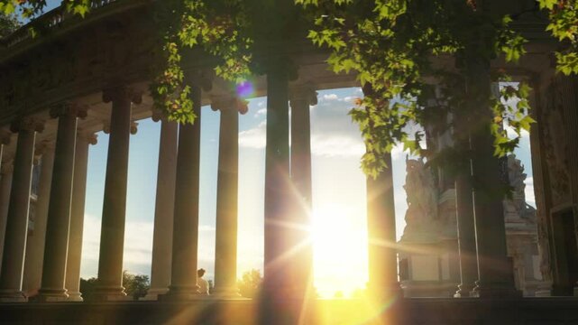 Retiro park at sunset, park Retiro in Madrid, capital of Spain, Alfonso monument, evening sun through columns of the monument, walk in Retiro park at sunset
