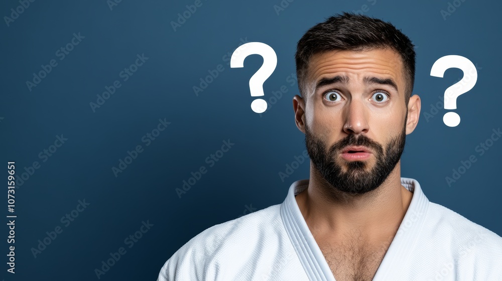 Aufkleber man with a beard and a white karate uniform is looking at the camera with a surprised expression