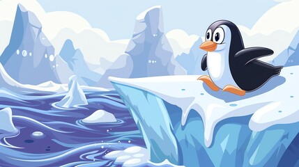 Obraz premium A cartoon penguin stands on a piece of ice in a snowy landscape.