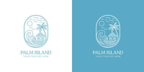 beach cottage resort logo design. The logo features a stylized illustration of a beach cottage, with a line art design style