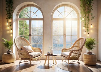 Fototapeta premium This bright room showcases wicker lounge chairs and a stunning arched window, creating a cozy retreat perfect for relaxation and sparking interior design inspiration.