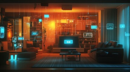 A futuristic smart home living room with a digital interface showing connected devices.