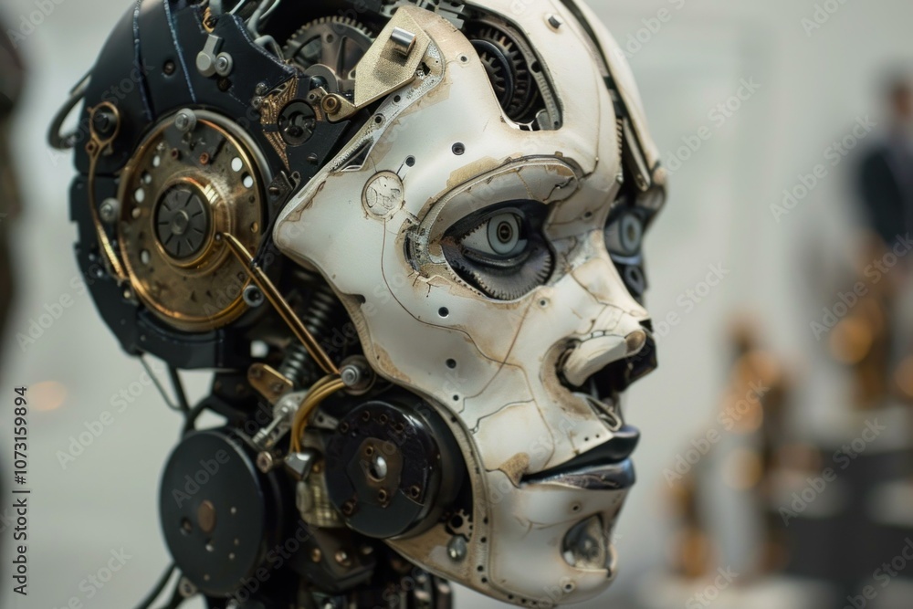 Poster android with exposed mechanics is displaying a realistic human face