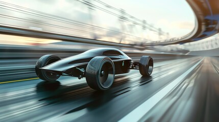 Black futuristic sports car speeding on a highway.