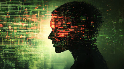 A silhouette of a person's head is overlaid with a digital pattern of red and green lines, suggesting a connection between technology and the human mind