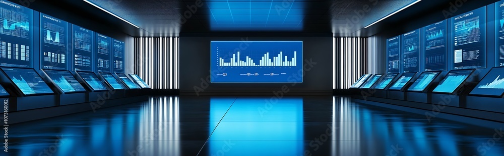 Leinwandbilder Advanced digital room with interactive blue screens displaying data analytics : Generative AI