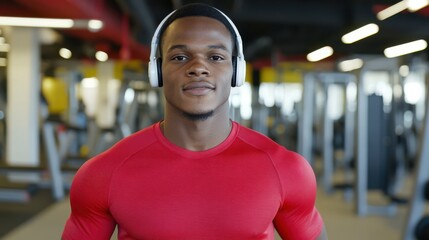 Fototapeta premium A joyful man sporting wireless headphones in a gym radiates energy and determination, encapsulating fitness passion and modern lifestyle.