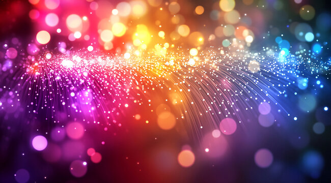 A colorful abstract background with sparkling lights and glowing orbs in shades of red, orange, yellow, blue, and purple