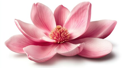 Fototapeta premium Delicate pink magnolia blossom with soft petals and central stamen close-up
