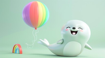 Obraz premium A cute cartoon seal with a rainbow balloon on a green background.