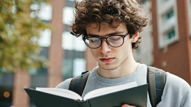 Student Reviewing Study Guide Before Exam Outside Exam Hall
