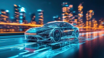 Futuristic electric car concept racing through a neon-lit cityscape at night.