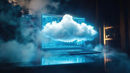 Futuristic laptop displaying data cloud surrounded by vapor in a dark environment.