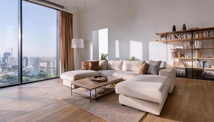 Fototapeta premium Modern Living Room with City View