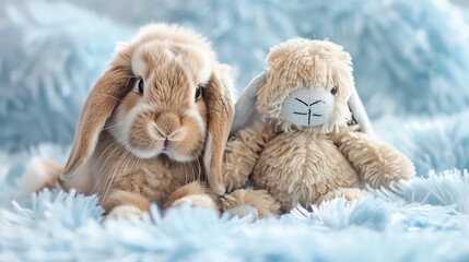 Fototapeta premium A fluffy rabbit is sitting next to a plush toy rabbit.