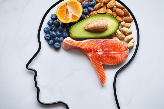 Foods that are good for brain function and improve memory inside the brain-shaped head contour, salmon, avocado, orange, nuts, blueberries