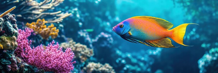 Fototapeta premium Vibrant tropical fish swimming in colorful coral reef underwater ocean scene