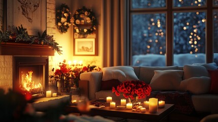 Cozy Living Room with Fireplace, Candles, and Snowy Window View
