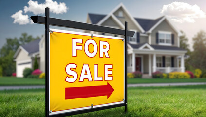 Home for sale sign in front of a modern new house, featuring a pristine front yard, bright blue sky, and freshly painted exterior. Perfect real estate image showing a 'For Sale' sign in a residential 