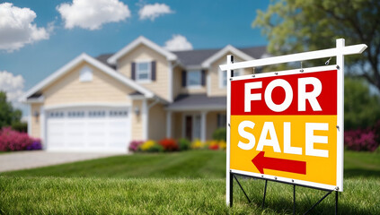 Home for sale sign in front of a modern new house, featuring a pristine front yard, bright blue sky, and freshly painted exterior. Perfect real estate image showing a 'For Sale' sign in a residential 