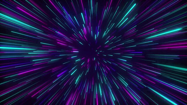 Glowing NEON RAYS motion in SPACE, lightspeed journey through time continuum. 3D ANIMATION with purple pink neon lights. FUTURISTIC and ABSTRACT colorful background. WALLPAPER. DIGITAL Design Concept