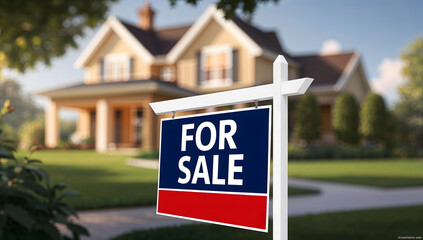 Home for sale sign in front of a modern new house, featuring a pristine front yard, bright blue sky, and freshly painted exterior. Perfect real estate image showing a 'For Sale' sign in a residential 
