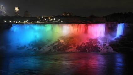 spectacular view of multi-colored, illuminated american falls and bridal veil falls at night from the canadian side of the niagara falls in the niagara river,  ontario