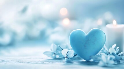 Obraz premium Blue Heart with White Flowers and Candles in a Soft Blue Background