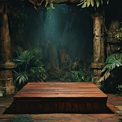 a wide shot of a wooden podium in a jungle scenario .generative ai