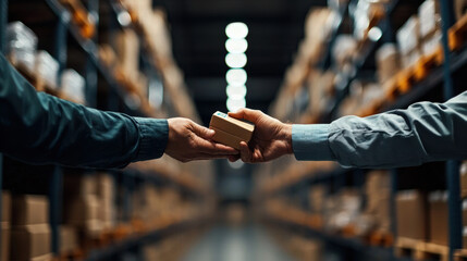 Two hands exchanging a small package in a warehouse aisle filled with shelves of boxes, highlighting logistics and distribution.