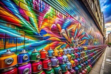 Obraz premium Vibrant Graffiti Artwork with Bright Aerosol Strips on Metal Wall, Showcasing Contemporary Street Art and Youth Culture in a Colorful Urban Environment