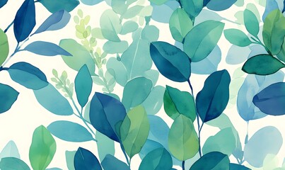 Watercolor Pattern with Green and Blue Leaves, Generative AI 