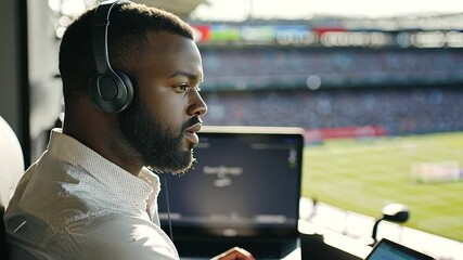 Sports Reporter in Stadium Press Box Analyzing Live Game