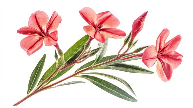 Vibrant pink oleander flowers with lush green leaves isolated on white background