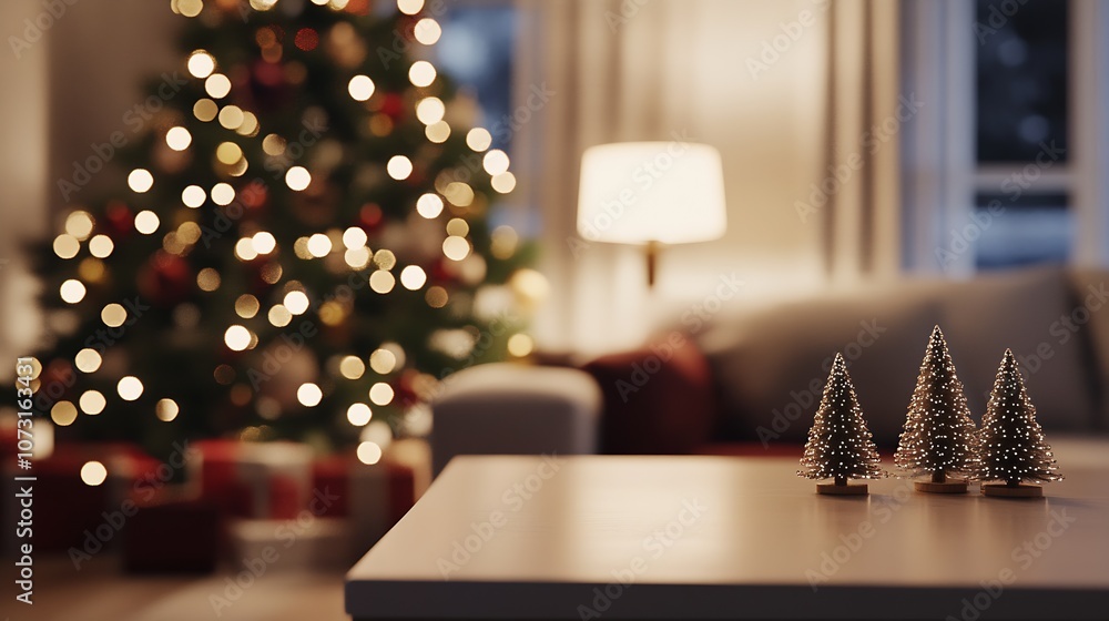 Poster modern living room with elegant christmas tree ornaments and soft bokeh lighting : generative ai