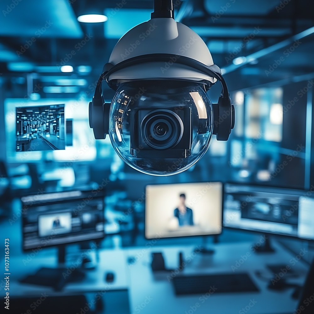 Aufkleber Modern security camera system oversees office activities with real-time video monitoring on digital displays : Generative AI