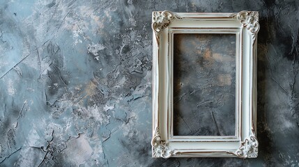 An ornate white picture frame against a gray wall.