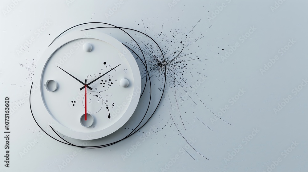 Poster a modern clock with a red second hand and a black and white abstract pattern around it.