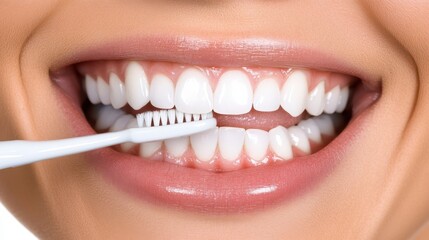 Fototapeta premium Close-up of a woman’s radiant smile as she brushes her teeth, highlighting freshness and dental care.