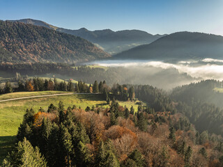 aerial panoramic view of the Nagelfluh mountains in Fall  next to Obertsaufen-Steibis, Allgaeu...