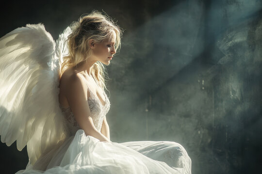 A serene female angel with blonde hair sits in soft light, wearing a flowing white gown and large feathered wings, exuding an ethereal and peaceful aura.